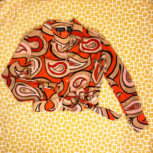 New York and Company Small Sheer Orange, Green & Tan Button Up Patterned Blouse